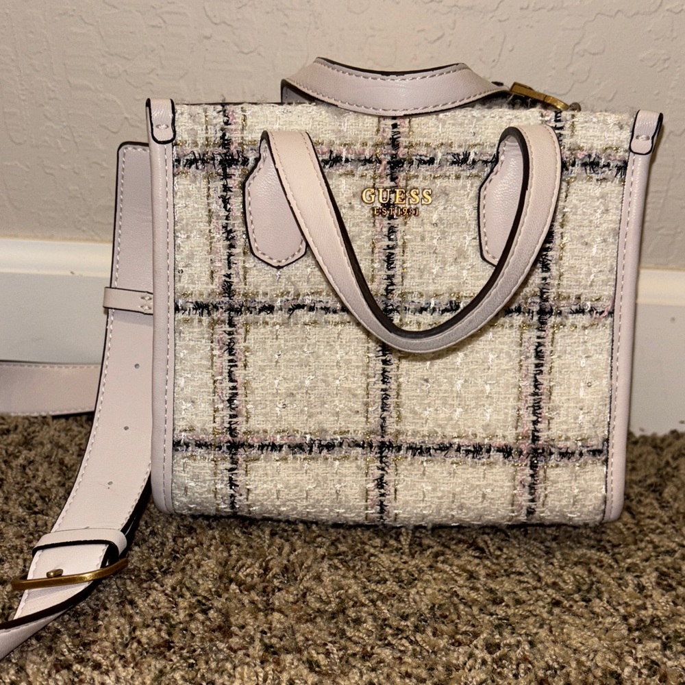 GUESS Cream and Pink Plaid Crossbody Bag